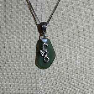 Source Unknown Green Sea Glass Necklace with Silver Seahorse